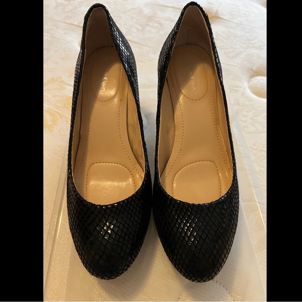 Calvin Klein Saxton Classic Black Python Print Wedge Heels